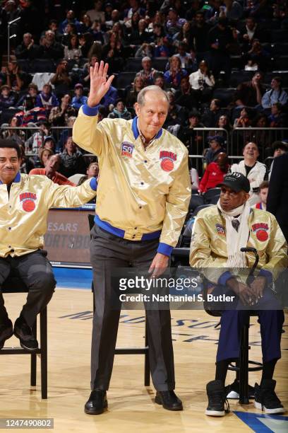 Bill Bradley is honored during the Knicks 50th Anniversary ceremony on February 25, 2023 at Madison Square Garden in New York City, New York. NOTE TO...