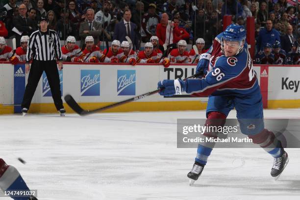 Mikko Rantanen of the Colorado Avalanche shoots against the Calgary Flames at Ball Arena on February 25, 2023 in Denver, Colorado.