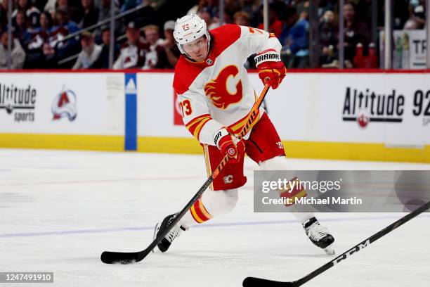 Tyler Toffoli of the Calgary Flames shoots against the Colorado Avalanche at Ball Arena on February 25, 2023 in Denver, Colorado.