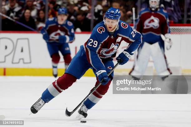 Nathan MacKinnon of the Colorado Avalanche skates against the Calgary Flames at Ball Arena on February 25, 2023 in Denver, Colorado.