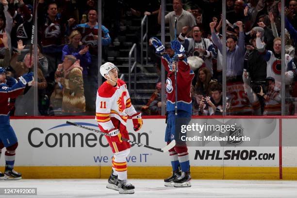 Mikko Rantanen and Valeri Nichushkin of the Colorado Avalanche celebrate a goal against the Calgary Flames at Ball Arena on February 25, 2023 in...