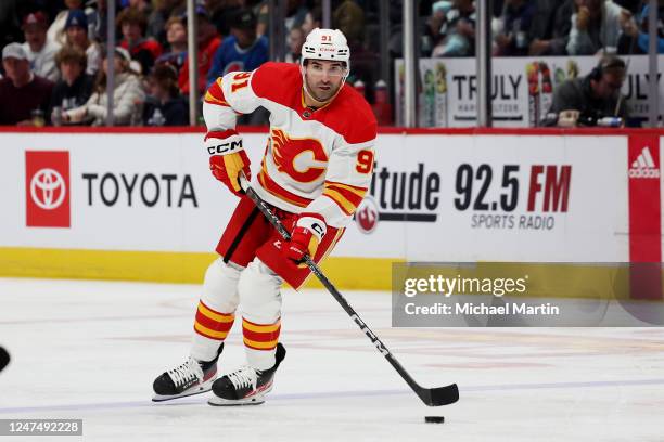 Nazem Kadri of the Calgary Flames skates against the Colorado Avalanche at Ball Arena on February 25, 2023 in Denver, Colorado.