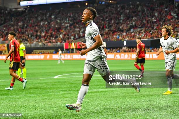San Jose forward Jeremy Ebobisse reacts after scoring a first-half goal during the MLS match between the San Jose Earthquakes and Atlanta United FC...