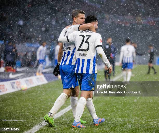 Marco Richter and Florian Niederlechner of Hertha BSC celebrate after scoring their sides first goal during the Bundesliga match between Hertha BSC...