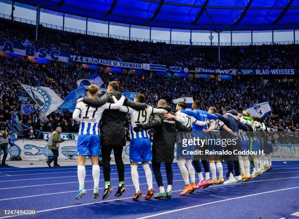 Hertha BSC celebrate victory after the Bundesliga match between Hertha BSC and FC Augsburg at Olympiastadion on February 25, 2023 in Berlin, Germany.