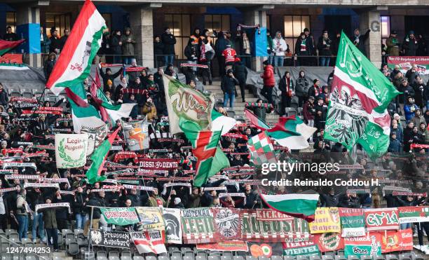 Fans of FC Augsburg show their support during the Bundesliga match between Hertha BSC and FC Augsburg at Olympiastadion on February 25, 2023 in...