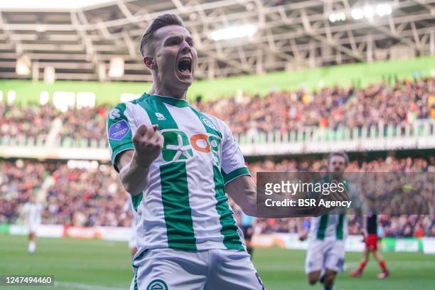 Johan Hove of FC Groningen celebrates after scoring his sides first goal during the Eredivisie match between FC Groningen and Excelsior at the...