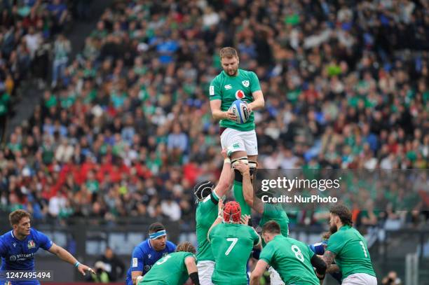 Iain Henderson wins a touche during the 2023 Guinness Six Nations Rugby Championship match between Italy and Ireland at the Olimpic Stadium in Rome,...