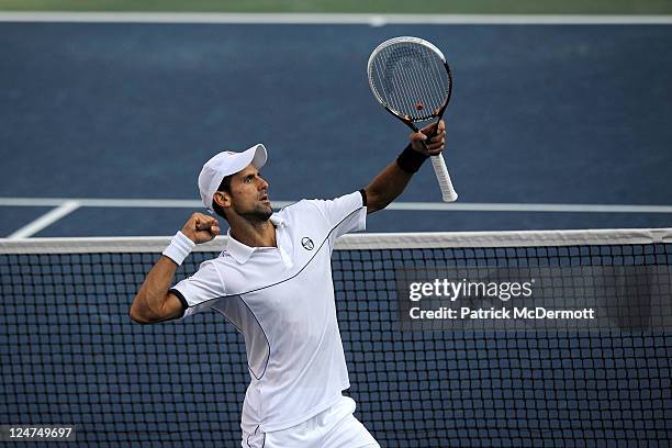 Novak Djokovic of Serbia reacts against Rafael Nadal of Spain during the Men's Final on Day Fifteen of the 2011 US Open at the USTA Billie Jean King...