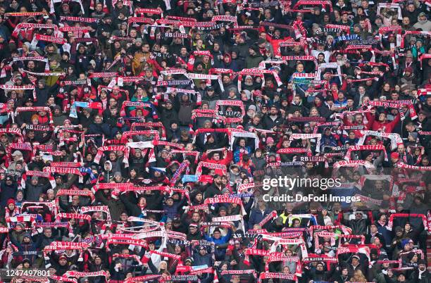 Supporters of during the Bundesliga match between RB Leipzig and Eintracht Frankfurt at Red Bull Arena on February 25, 2023 in Leipzig, Germany.