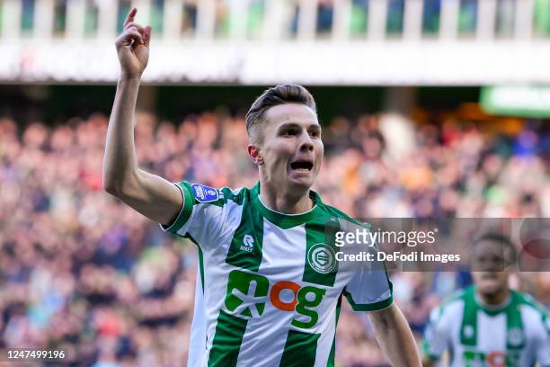Johan Hove of FC Groningen scores the 1-0, celebrating his goal during the Dutch Eredivisie match between FC Groningen and SBV Excelsior at Euroborg...