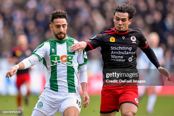 Deleho Irandust of FC Groningen and Nathan Tjoe-A-On of SBV Excelsior looks on during the Dutch Eredivisie match between FC Groningen and SBV...