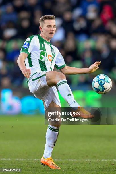 Johan Hove of FC Groningen controls the ball during the Dutch Eredivisie match between FC Groningen and SBV Excelsior at Euroborg on February 25,...