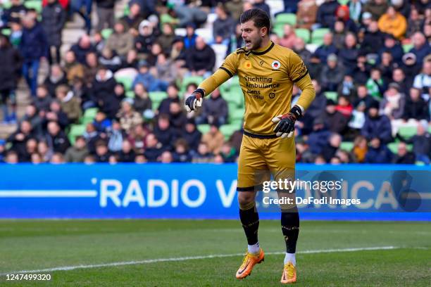 Goalkeeper Stijn van Gassel of SBV Excelsior looks on during the Dutch Eredivisie match between FC Groningen and SBV Excelsior at Euroborg on...