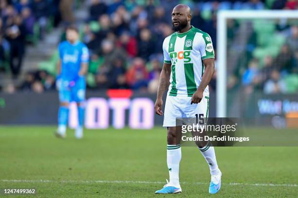 Jetro Willems of FC Groningen looks on during the Dutch Eredivisie match between FC Groningen and SBV Excelsior at Euroborg on February 25, 2023 in...