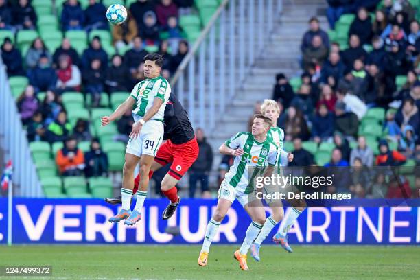 Ragnar Oratmangoen of FC Groningen battle for the ball during the Dutch Eredivisie match between FC Groningen and SBV Excelsior at Euroborg on...