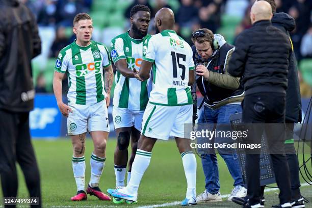 Jetro Willems of FC Groningen and Elvis Manu of FC Groningen, substitution substitutes during the Dutch Eredivisie match between FC Groningen and SBV...