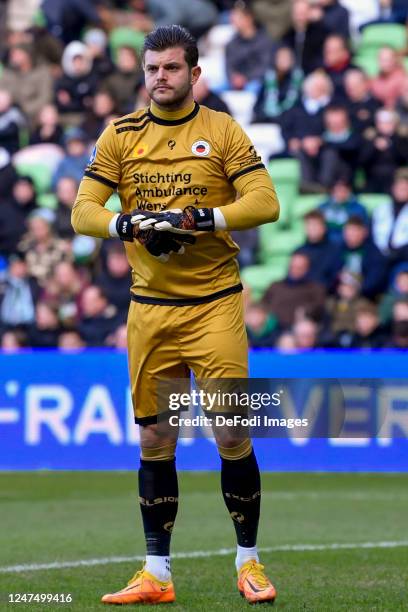 Goalkeeper Stijn van Gassel of SBV Excelsior looks on during the Dutch Eredivisie match between FC Groningen and SBV Excelsior at Euroborg on...