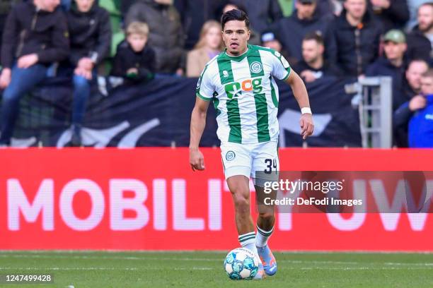 Ragnar Oratmangoen of FC Groningen controls the ball during the Dutch Eredivisie match between FC Groningen and SBV Excelsior at Euroborg on February...