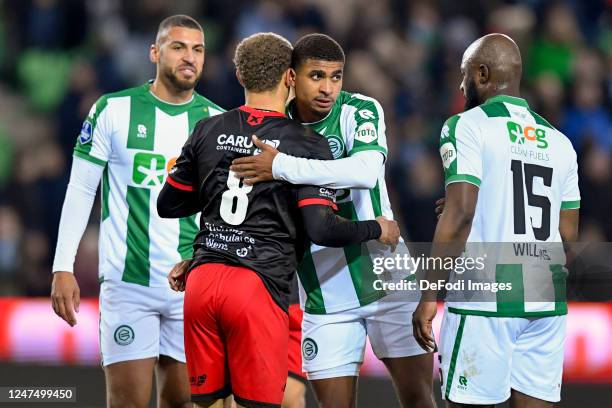 Kenzo Goudmijn of SBV Excelsior and Laros Duarte of FC Groningen looks on after the Dutch Eredivisie match between FC Groningen and SBV Excelsior at...