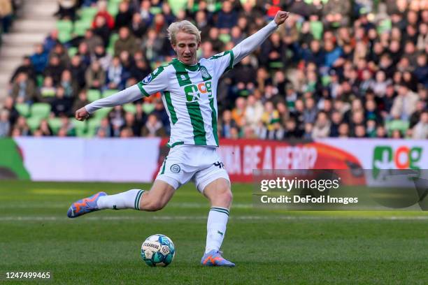 Thijmen Blokzijl of FC Groningen controls the ball during the Dutch Eredivisie match between FC Groningen and SBV Excelsior at Euroborg on February...