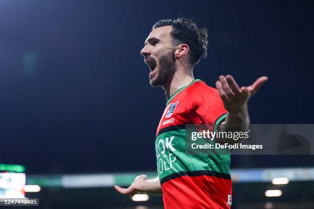 Ivan Marquez of NEC Nijmegen scores the 1-0 and celebrates after scoring his teams goal during the Dutch Eredivisie match between NEC Nijmegen and FC...