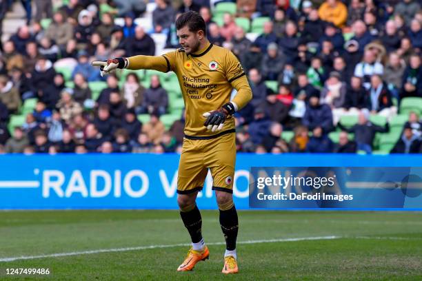 Goalkeeper Stijn van Gassel of SBV Excelsior looks on during the Dutch Eredivisie match between FC Groningen and SBV Excelsior at Euroborg on...