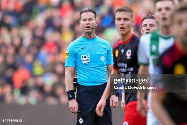 Referee Danny Makkelie looks on during the Dutch Eredivisie match between FC Groningen and SBV Excelsior at Euroborg on February 25, 2023 in...