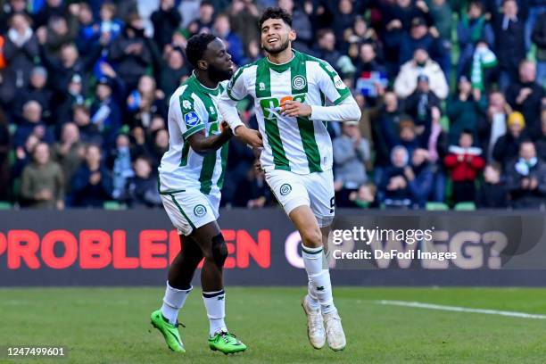 Ricardo Pepi of FC Groningen scores the 2-0 celebrating his goal with teammates during the Dutch Eredivisie match between FC Groningen and SBV...