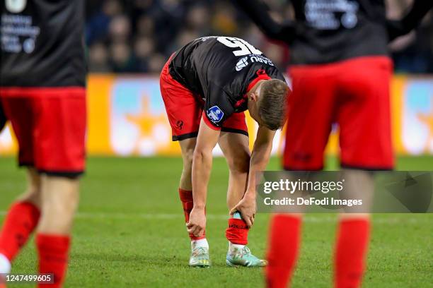 Noah Naujoks of SBV Excelsior looks on after the Dutch Eredivisie match between FC Groningen and SBV Excelsior at Euroborg on February 25, 2023 in...