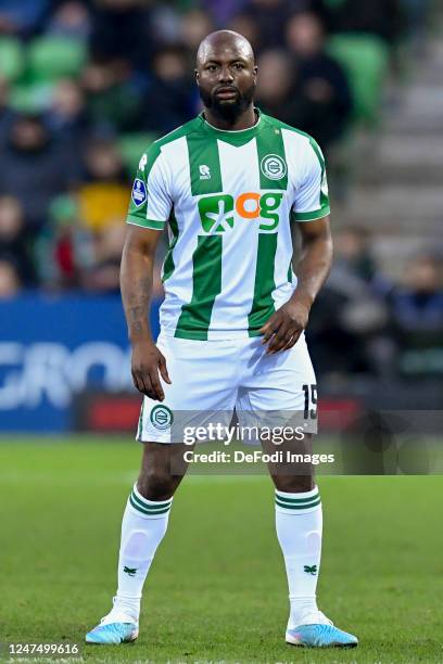 Jetro Willems of FC Groningen looks on during the Dutch Eredivisie match between FC Groningen and SBV Excelsior at Euroborg on February 25, 2023 in...