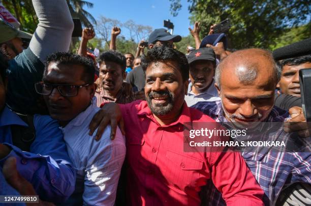 National Peoples Power party leader Anura Kumara Dissanayake takes part in a protest held to urge the government to hold local council election as...