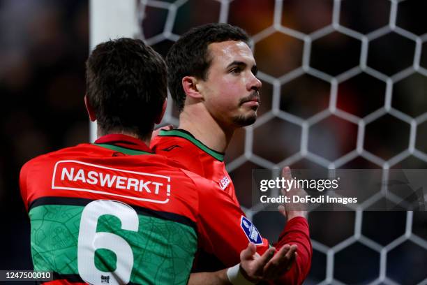 Pedro Marques of NEC Nijmegen scores the 3-0 and celebrates after scoring his teams goal during the Dutch Eredivisie match between NEC Nijmegen and...