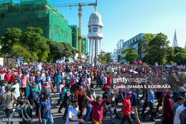 Activists of the opposition National Peoples Power party take part in a protest held to urge the government to hold local council election as...