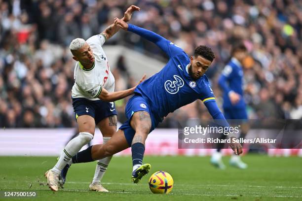 Richarlison of Tottenham Hotspur and Reece James of Chelsea challenge during the Premier League match between Tottenham Hotspur and Chelsea FC at...
