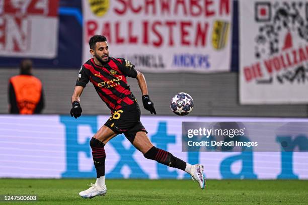 Riyad Mahrez of Manchester City controls the Ball during the UEFA Champions League round of 16 leg one match between RB Leipzig and Manchester City...