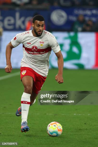 Josha Vagnoman of VfB Stuttgart controls the Ball during the Bundesliga match between FC Schalke 04 and VfB Stuttgart at Veltins-Arena on February...