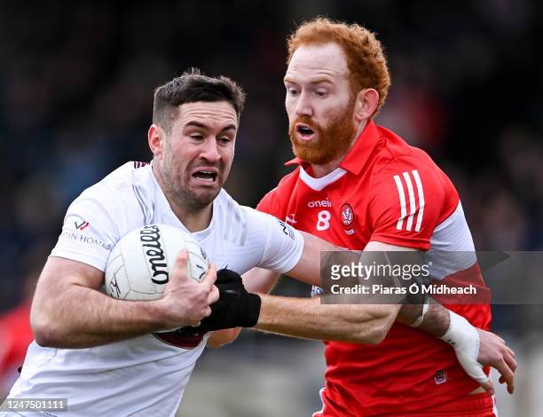 Kildare , Ireland - 26 February 2023; Ben McCormack of Kildare in action against Conor Glass of Derry during the Allianz Football League Division 2...