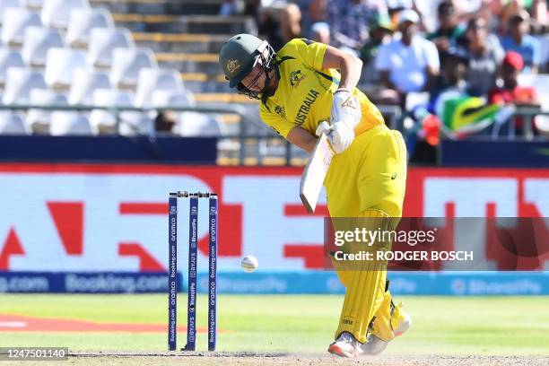 Australia's Ellyse Perry plays a shot during the final T20 women's World Cup cricket match between South Africa and Australia at Newlands Stadium in...