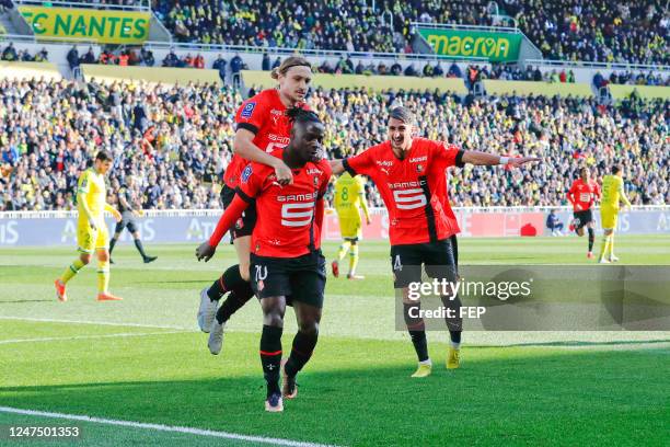 Ibrahim SALAH - 21 Lovro MAJER - 11 Jeremy DOKU during the Ligue 1 Uber Eats match between Nantes and Rennes at Stade de la Beaujoire on February 26,...