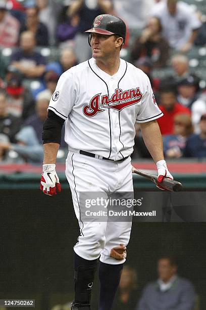 Jim Thome of the Cleveland Indians walks to the dugout after striking out against the Detroit Tigers during the sixth inning of their game on...