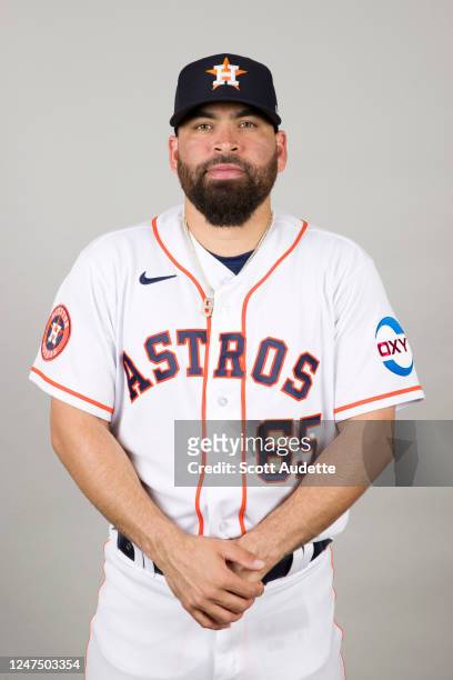 Jose Urquidy of the Houston Astros poses for a photo during the Houston Astros Photo Day at The Ballpark of the Palm Beaches on Thursday, February...