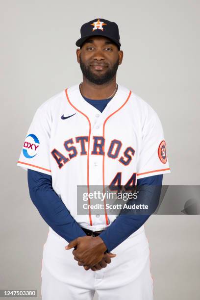 Yordan Alvarez of the Houston Astros poses for a photo during the Houston Astros Photo Day at The Ballpark of the Palm Beaches on Thursday, February...