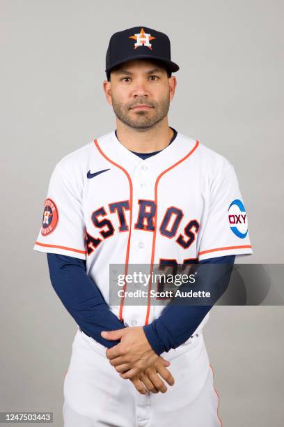 Jose Altuve of the Houston Astros poses for a photo during the Houston Astros Photo Day at The Ballpark of the Palm Beaches on Thursday, February 23,...