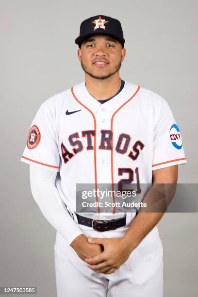 Yainer Diaz of the Houston Astros poses for a photo during the Houston Astros Photo Day at The Ballpark of the Palm Beaches on Thursday, February 23,...