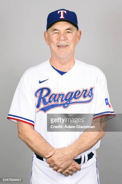 Bruce Bochy of the Texas Rangers poses for a photo during the Texas Rangers Photo Day at Surprise Stadium on Tuesday, February 21, 2023 in Surprise,...