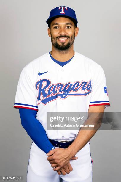 Marcus Semien of the Texas Rangers poses for a photo during the Texas Rangers Photo Day at Surprise Stadium on Tuesday, February 21, 2023 in...