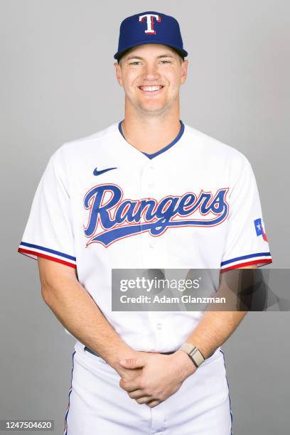 Josh Jung of the Texas Rangers poses for a photo during the Texas Rangers Photo Day at Surprise Stadium on Tuesday, February 21, 2023 in Surprise,...