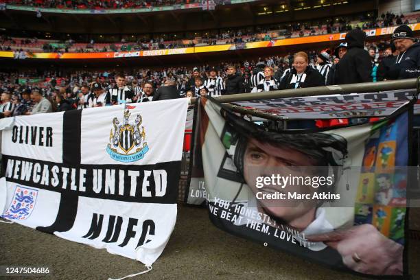 Banner of former Newcastle United player and manager Kevin Keegan during the Carabao Cup Final match between Manchester United and Newcastle United...