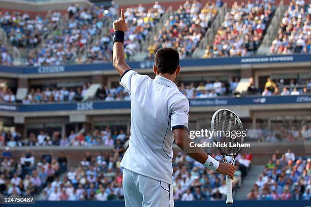 Novak Djokovic of Serbia reacts against Rafael Nadal of Spain during the Men's Final on Day Fifteen of the 2011 US Open at the USTA Billie Jean King...